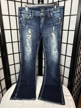 Silver Jeans Dark Blue Distressed Wide Leg Flare Jeans - Size 30x33